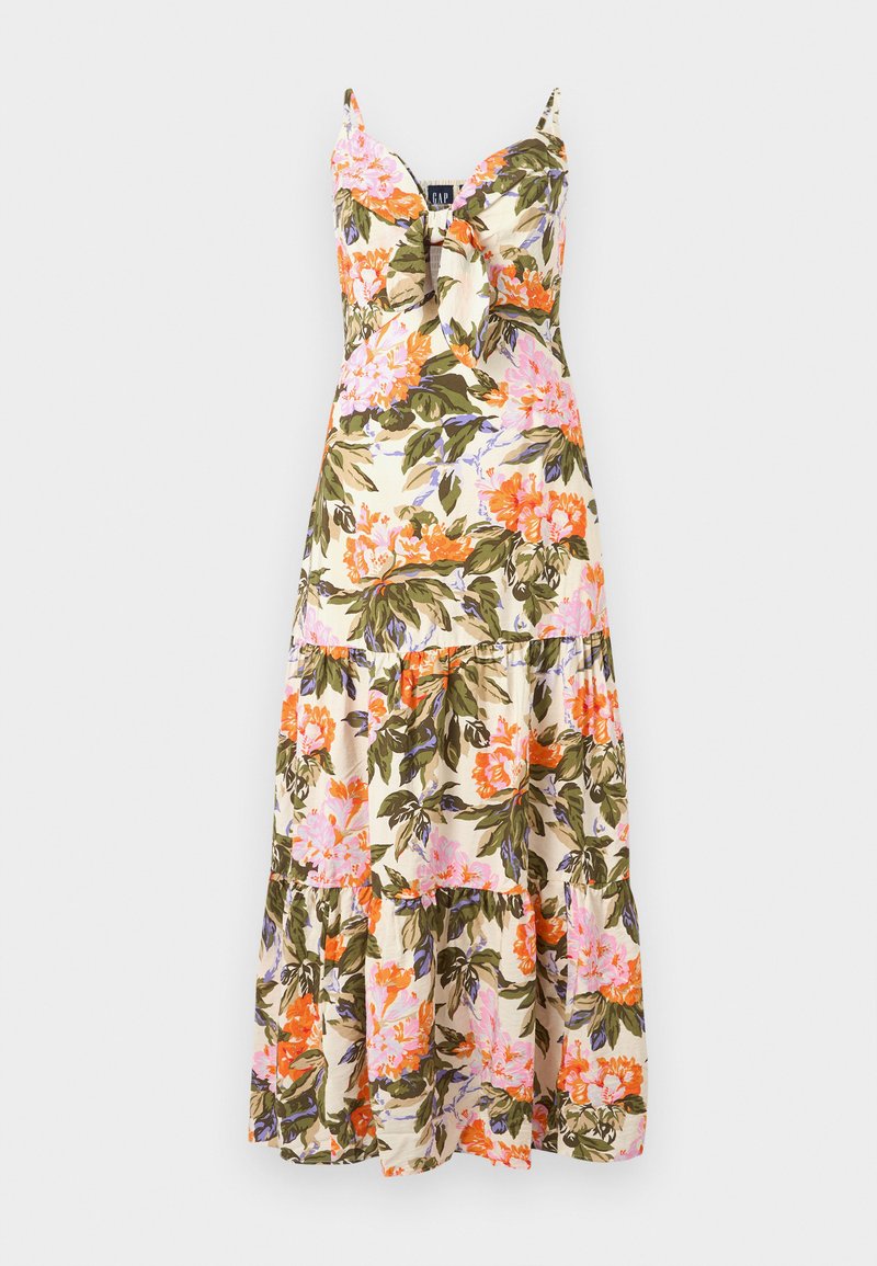 Blumenkleid im Maxiformat mit Spaghetti-Trägern, cremefarbenem Stoff mit pinken, orangefarbenen und grünen Blumenmustern sowie einem mehrstufigen Rüschensaum.