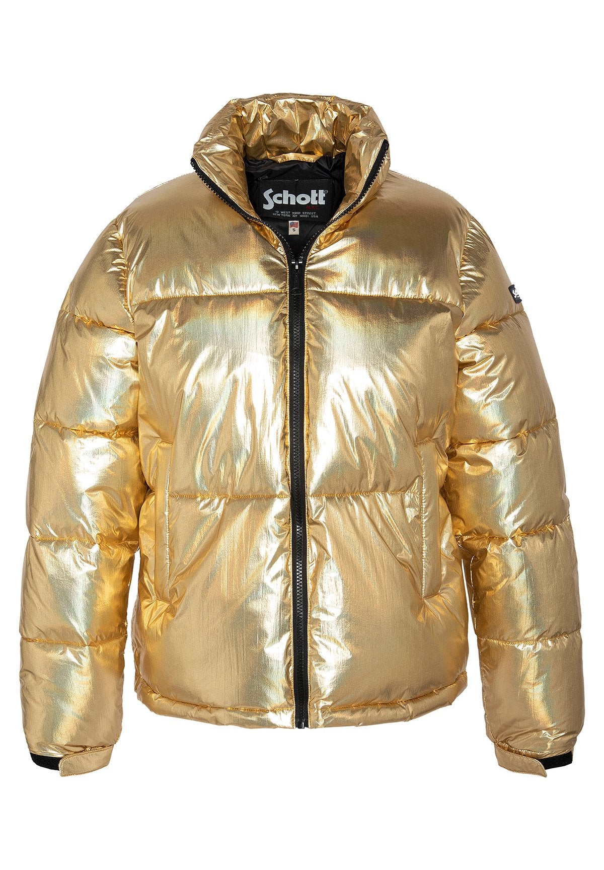 Goldfarbener Puffer-Jacke mit einem glänzenden, metallischen Finish. Verfügt über einen Stehkragen, einen Frontreißverschluss und elastische Bündchen. Gestepptes Design mit Taschen.