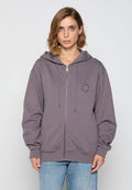 Graue Zip-Hoodie mit lockerer Passform, Kapuze mit Kordelzug, gerippten Bündchen und einem kleinen gedruckten Logo auf der linken Brust. Weicher, strukturierter Stoff.
