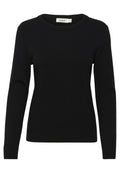 Schwarzer, gerippter Strickpullover mit langen Ärmeln, einem Rundhalsausschnitt und einer körpernahen Silhouette. Verfügt über eine subtile Textur und keine auffälligen Akzente.