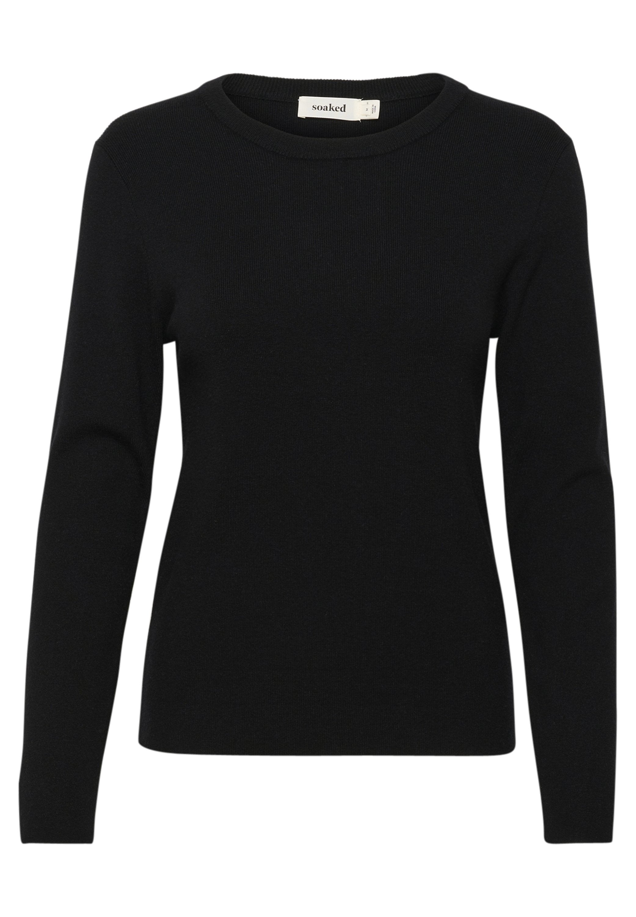 Schwarzer, gerippter Strickpullover mit langen Ärmeln, einem Rundhalsausschnitt und einer körpernahen Silhouette. Verfügt über eine subtile Textur und keine auffälligen Akzente.