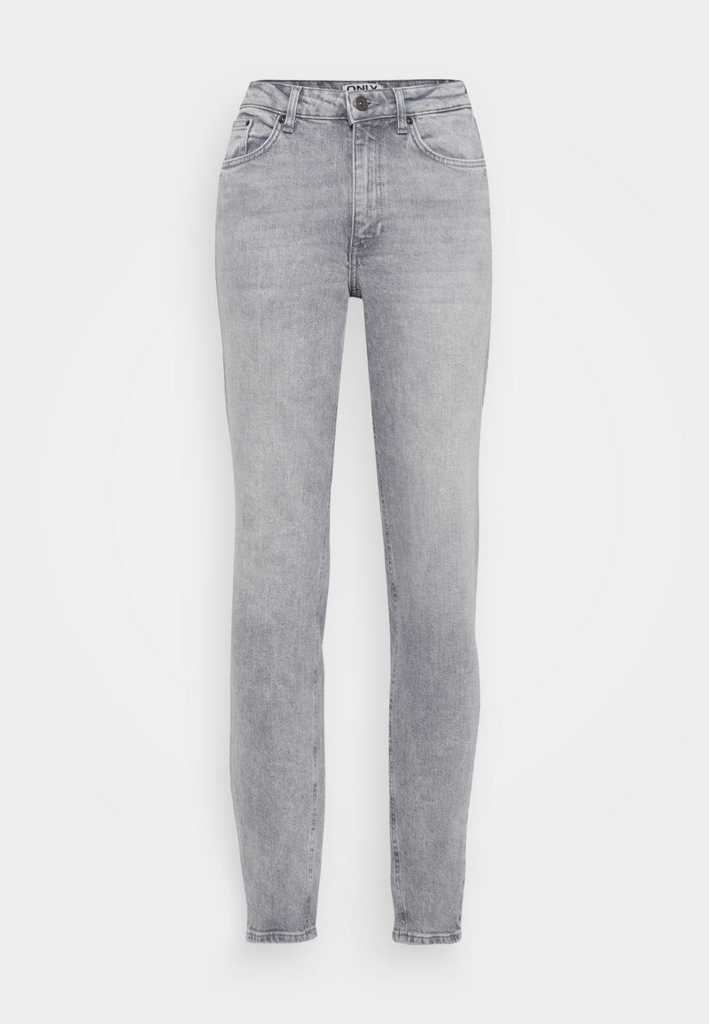 Graue Denim-Jeans mit schlanker Passform, geradem Bein, fünf Taschen und Knopfverschluss. Mit einer dezenten Wäsche und minimalen Details.