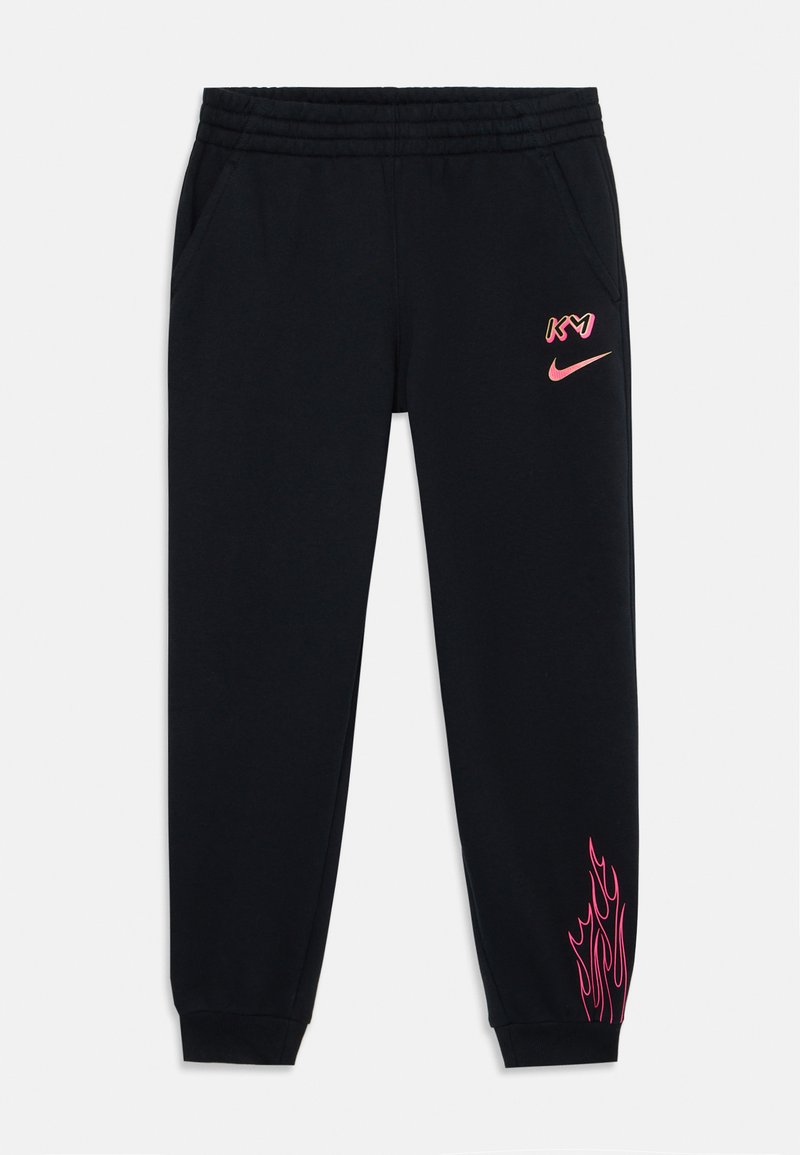 Schwarze Jogginghose mit geripptem Bund, seitlichen Taschen, pinkem Nike-Logo und Flammengrafik-Akzent am linken Bein. Hergestellt aus weichem Stoff.
