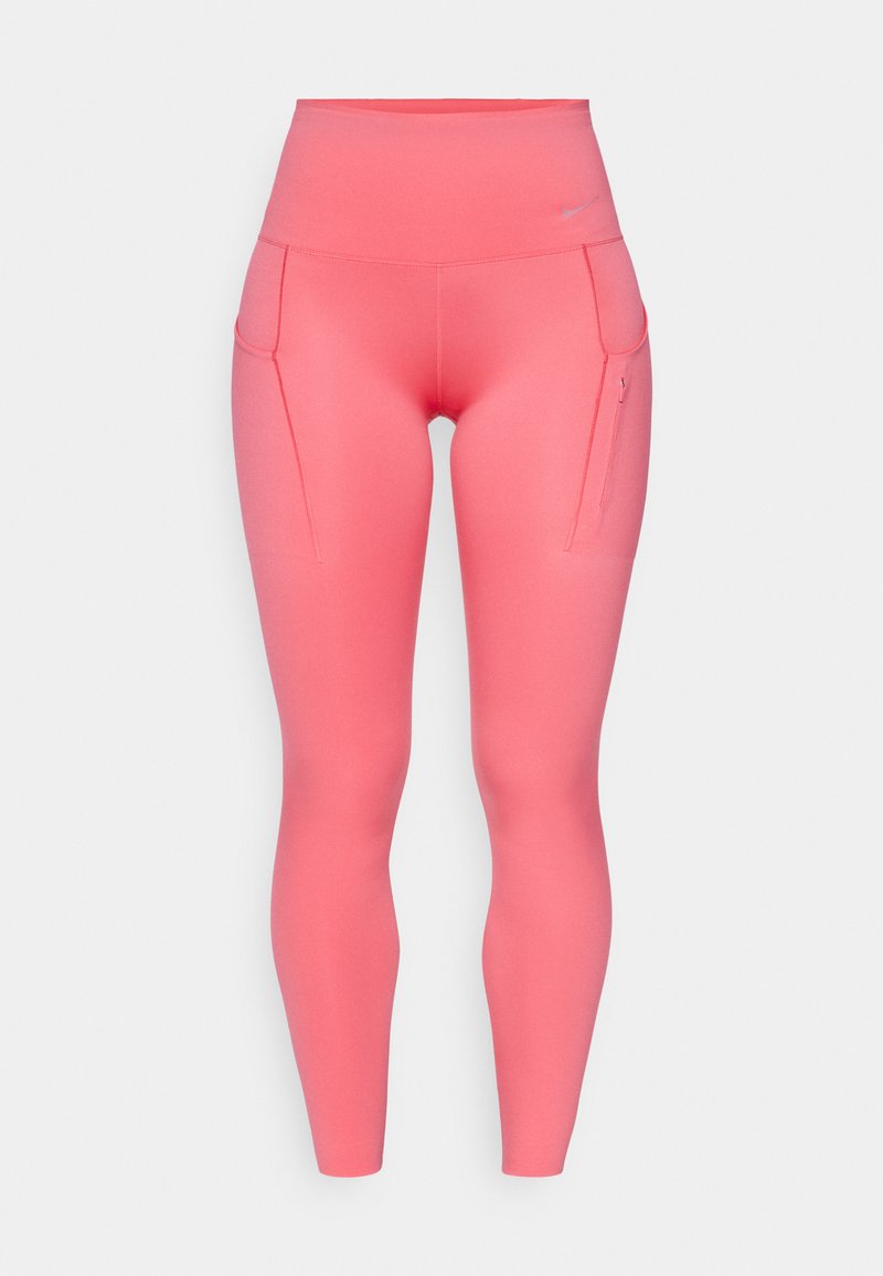 Hochtaillierte rosa Leggings mit glatter Textur, ausgestattet mit zwei seitlichen Taschen und einem kleinen Logoakzent in der Nähe des Taillenbunds.
