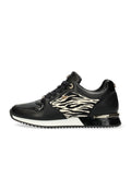 Schwarze Sneaker mit einem Obermaterial aus Leder und Zebra-Print-Stoff, Schnürverschluss, strukturierten Akzenten und einer Gummisohle mit einem leichten Absatz.