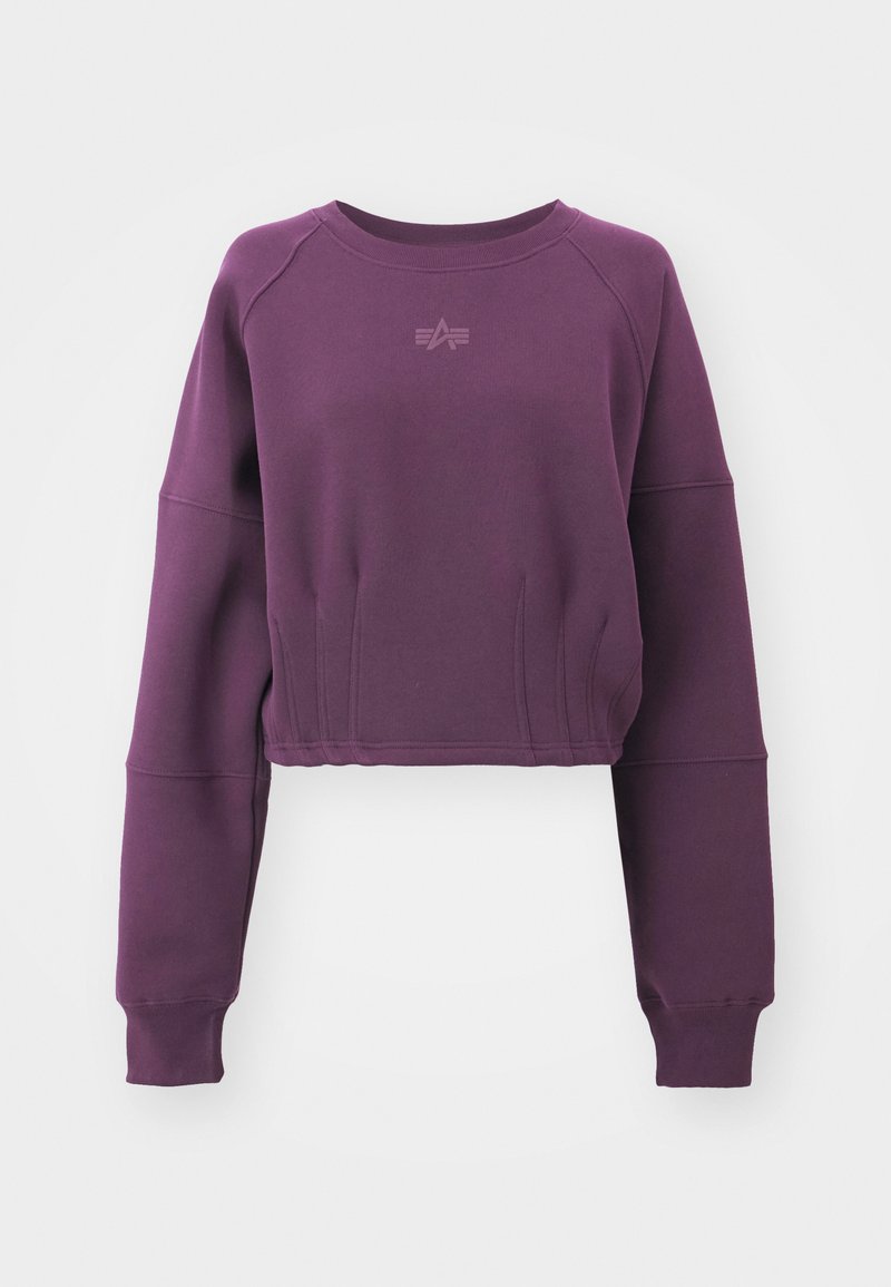 Gekürzter lila Sweatshirt mit langen Raglanärmeln, gerippten Bündchen und einem dezenten Logo auf der Vorderseite. Glatte Textur mit einem lässigen Schnitt.