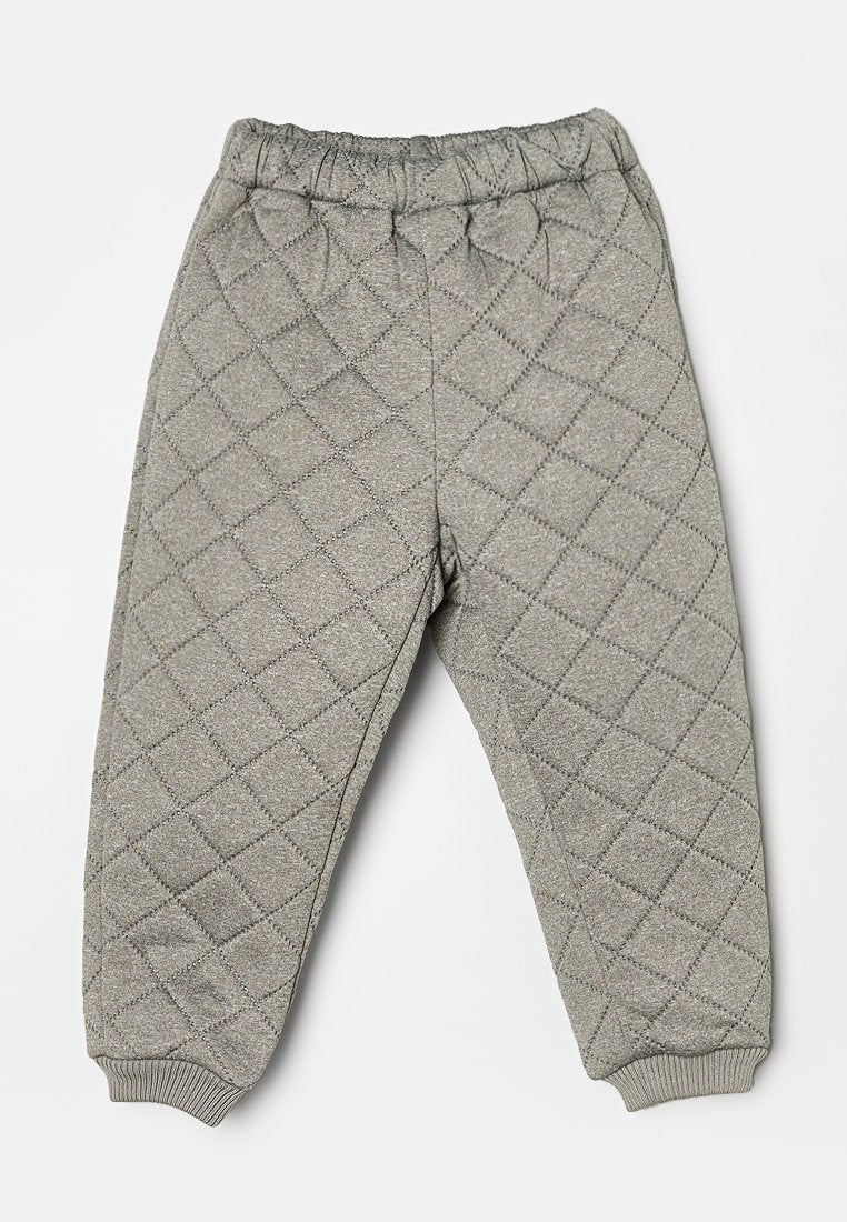 Grau gesteppte Hose mit elastischem Bund, ausgestattet mit einem Diamantmuster und Bündchen an den Knöcheln. Weiche Stoffoberfläche.