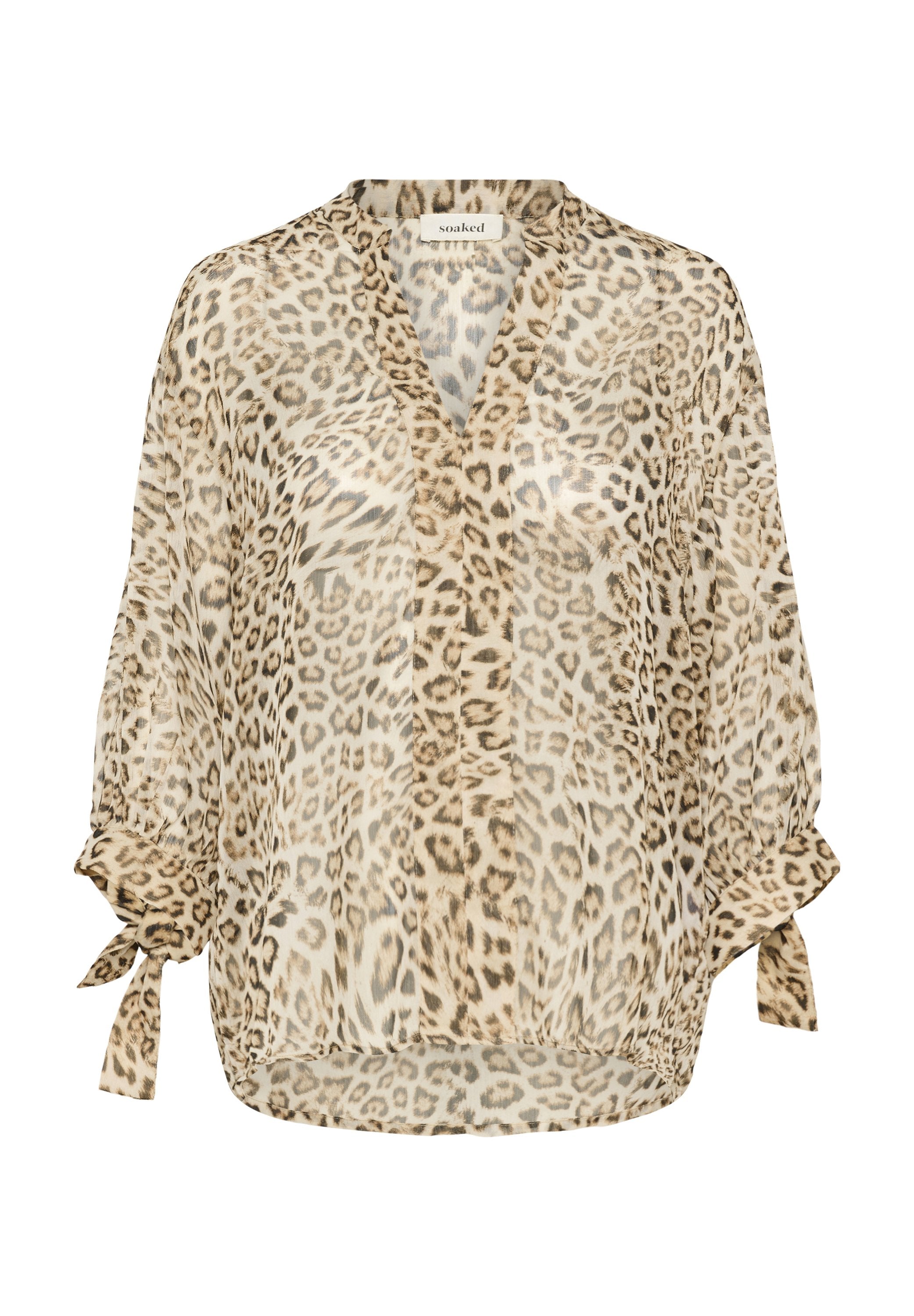 Leichte, durchsichtige Bluse im Tierdruck. Sie hat einen V-Ausschnitt, lange Ärmel mit Bindeband-Akzenten und einen lockeren Schnitt. Die Farbpalette umfasst Beige- und Brauntöne.