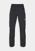Schwarze Outdoor-Hosen mit einer Reißverschlusstasche vorne, aus synthetischem Material, mit schmal zulaufenden Beinen und verstärkten Kniefeldern. Verfügt über einen Knopfverschluss.