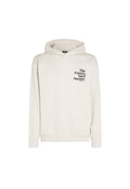 Cremfarbener Hoodie aus weicher Baumwolle, mit einer Vordertasche, einer Kordelzugkapuze und einem schwarzen Aufdruck auf der Brust mit der Aufschrift "The Future Surf Society."