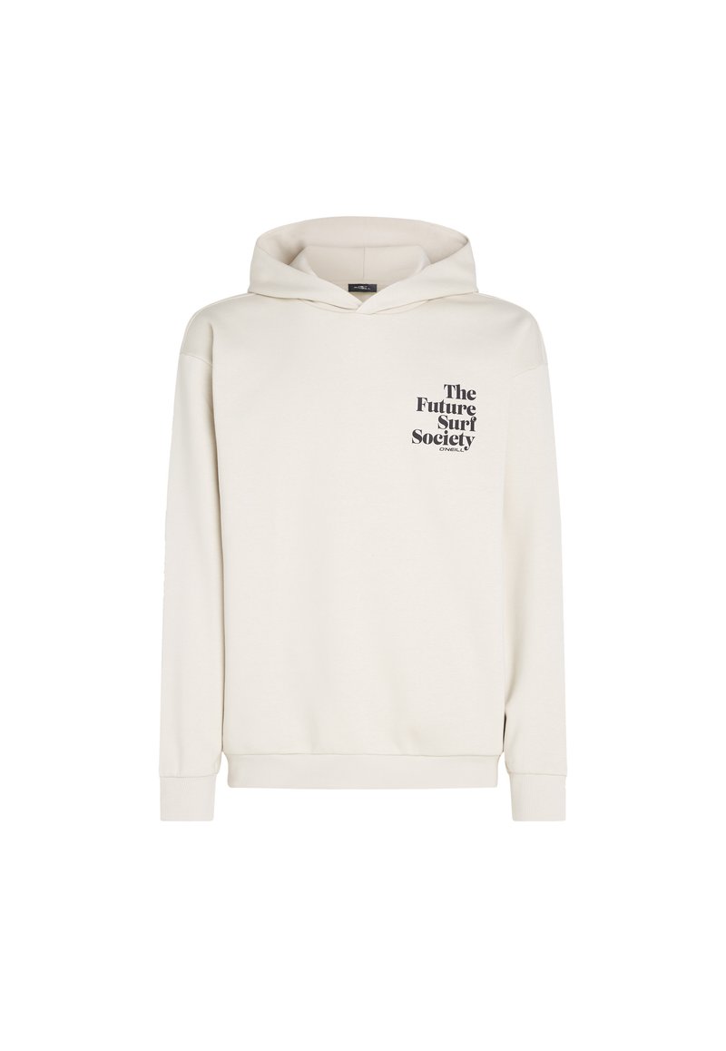 Cremfarbener Hoodie aus weicher Baumwolle, mit einer Vordertasche, einer Kordelzugkapuze und einem schwarzen Aufdruck auf der Brust mit der Aufschrift "The Future Surf Society."