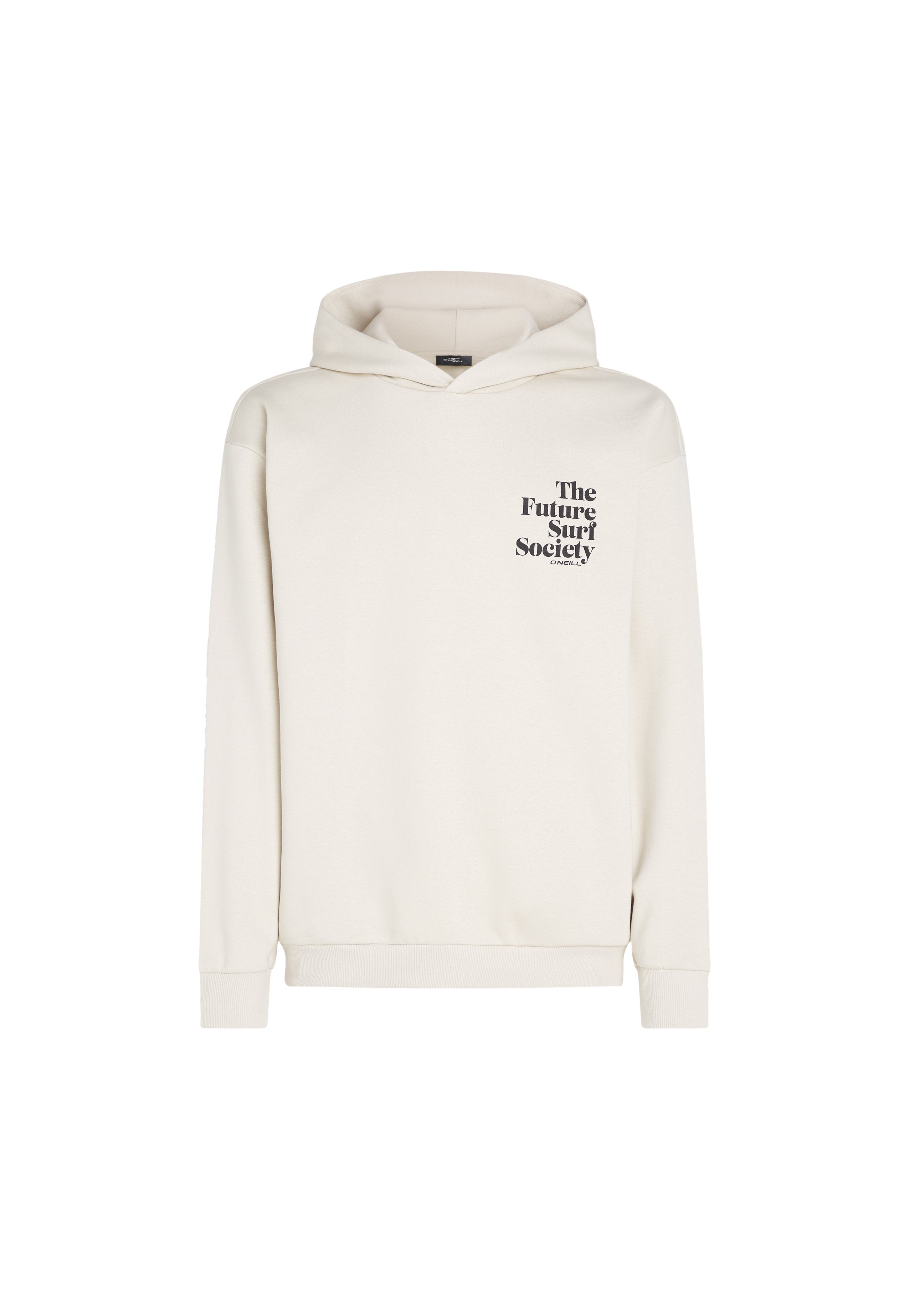Cremfarbener Hoodie aus weicher Baumwolle, mit einer Vordertasche, einer Kordelzugkapuze und einem schwarzen Aufdruck auf der Brust mit der Aufschrift "The Future Surf Society."