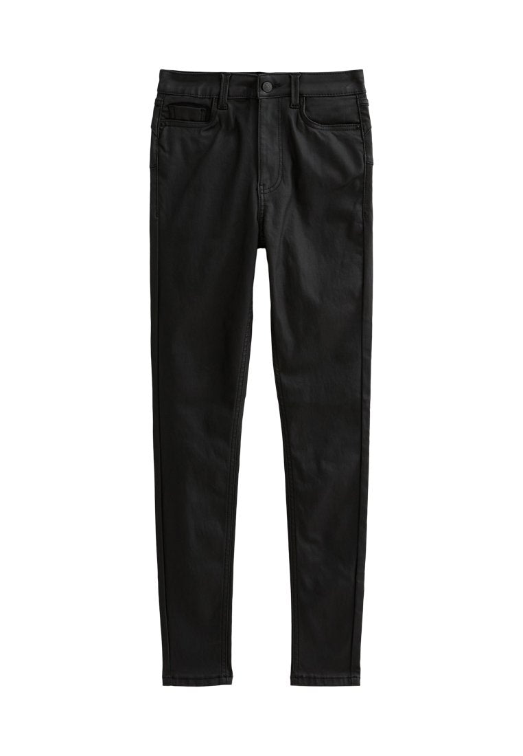 Schwarze Skinny-Jeans aus Denim, mit glatter Textur, Fronttaschen, Gürtelschlaufen und einem Reißverschluss mit Knopfverschluss.