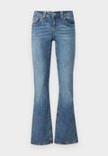 Ausgestellte blaue Jeans aus Denim mit mittelhohem Bund, fünf Taschen und kontrastierenden Nähten. Glatte Textur mit einem verblassten Finish.