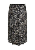 Leopardenmuster Rock in Schwarz, Braun und Beige. A-Linien-Silhouette mit fließendem Design und seitlichem Schlitz für zusätzlichen Bewegungsspielraum.