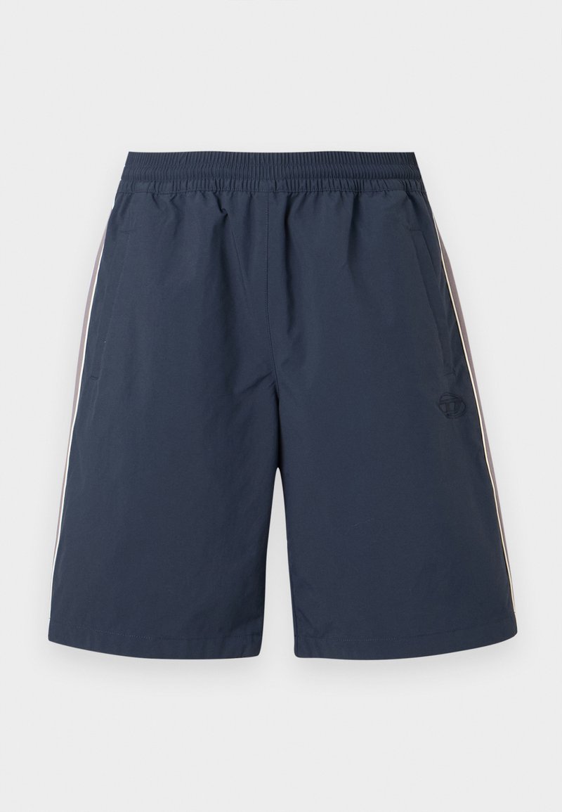 Marineblaue Sportshorts mit elastischem Bund, seitlichen Taschen und dünnen weißen Streifen entlang der Außenseiten.