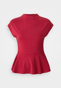 Rotes Peplum-Oberteil mit kurzen Ärmeln, Stehkragen und taillierter Taille.