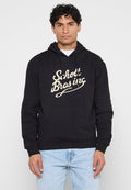 Schwarzer Hoodie mit Fronttasche und Kapuze mit Kordelzug. Mit weißem Schriftzug "Schott Bros" auf der Brust. Material aus Baumwollmischung.