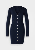 Navyblaue, gerippte Strickjacke mit langen Ärmeln, V-Ausschnitt und silberfarbigen Knöpfen entlang der Vorderseite. Mit tailliertem Schnitt und strukturiertem Stoffdetail.