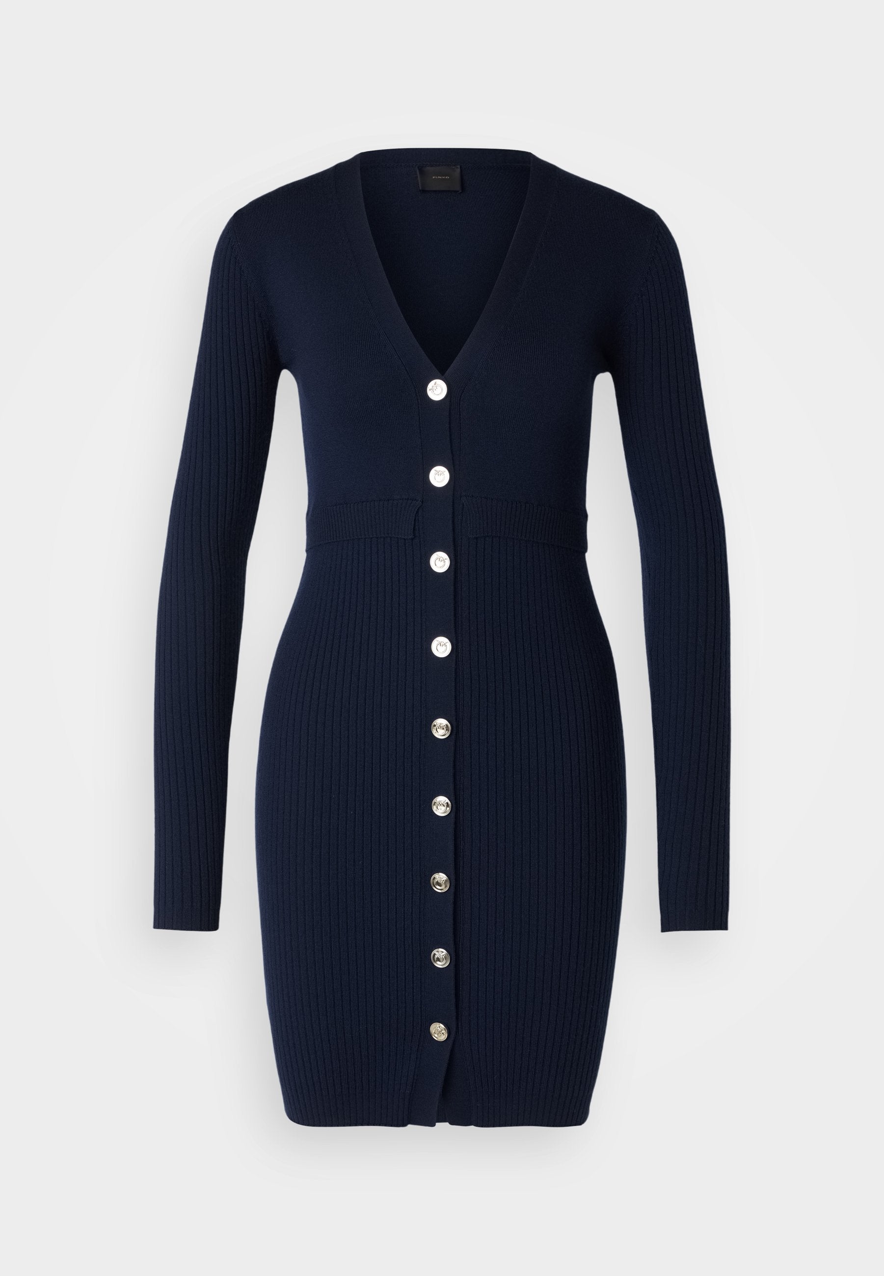 Navyblaue, gerippte Strickjacke mit langen Ärmeln, V-Ausschnitt und silberfarbigen Knöpfen entlang der Vorderseite. Mit tailliertem Schnitt und strukturiertem Stoffdetail.