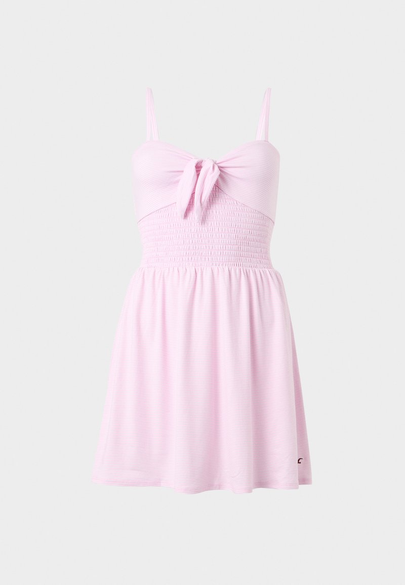 Hellrosa ärmelloses Kleid mit dünnen Trägern, einem Knoten vorne, einem gerafften Mittelteil und einem sanft ausgestellten Rock.