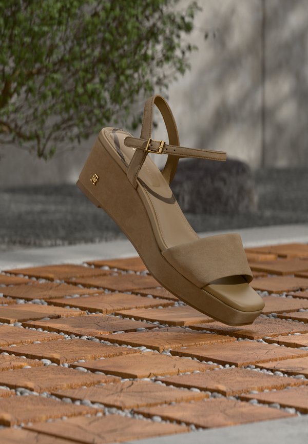 Tommy Hilfiger SUEDE TH MONOGRAM WEDGE SANDALS - Platform sandals - safari