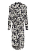 Schwarz-weißer, gemusterter Kleid mit V-Ausschnitt, langen Ärmeln, Kordelzug-Taille und rundem Saum; aus leichtem Stoff gefertigt.
