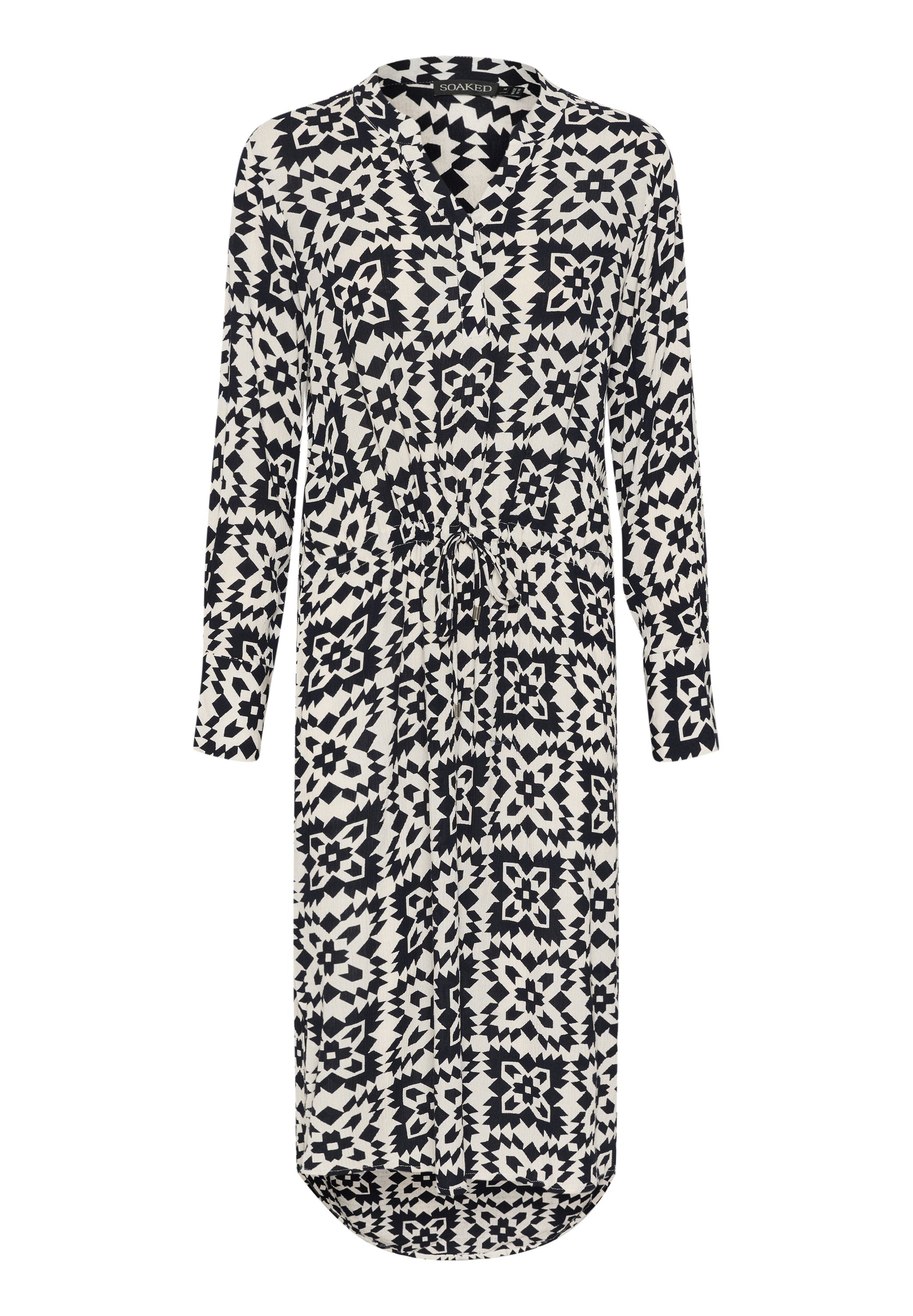 Schwarz-weißer, gemusterter Kleid mit V-Ausschnitt, langen Ärmeln, Kordelzug-Taille und rundem Saum; aus leichtem Stoff gefertigt.