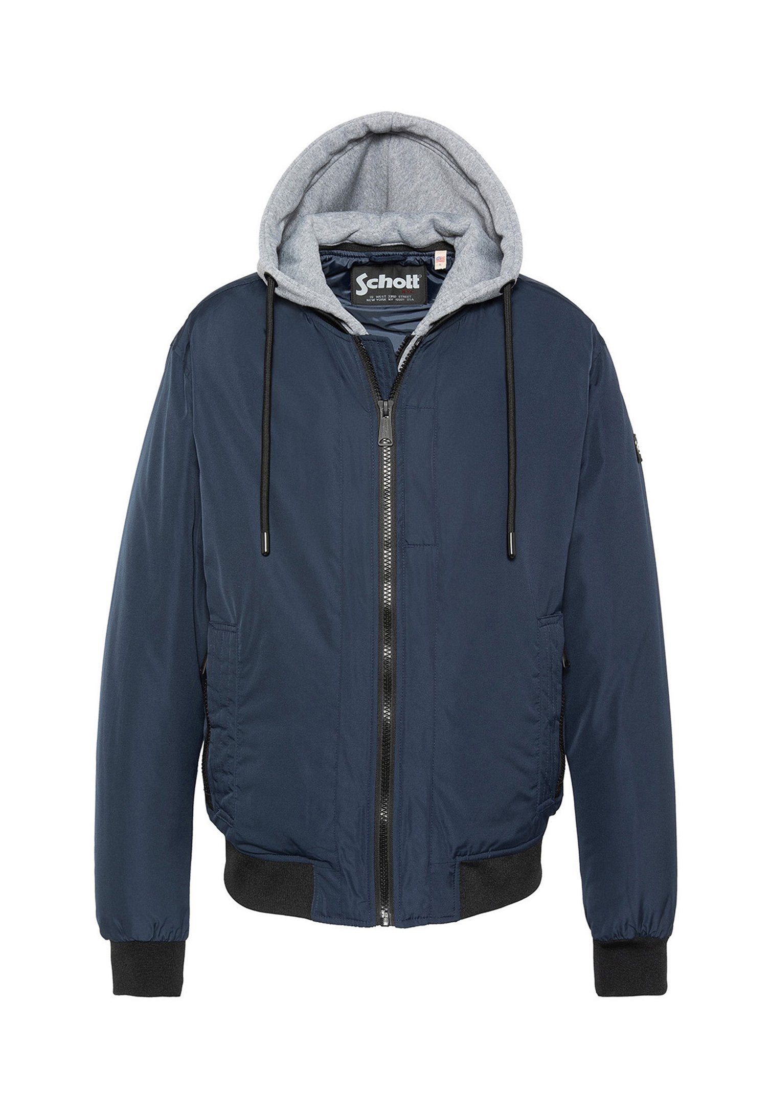 Marineblaue Bomberjacke mit grauer Kapuzenfütterung, durchgehendem Reißverschluss, Seitentaschen und gerippten Bündchen. Verfügt über einen Kordelzug an der Kapuze und ein Logoetikett.