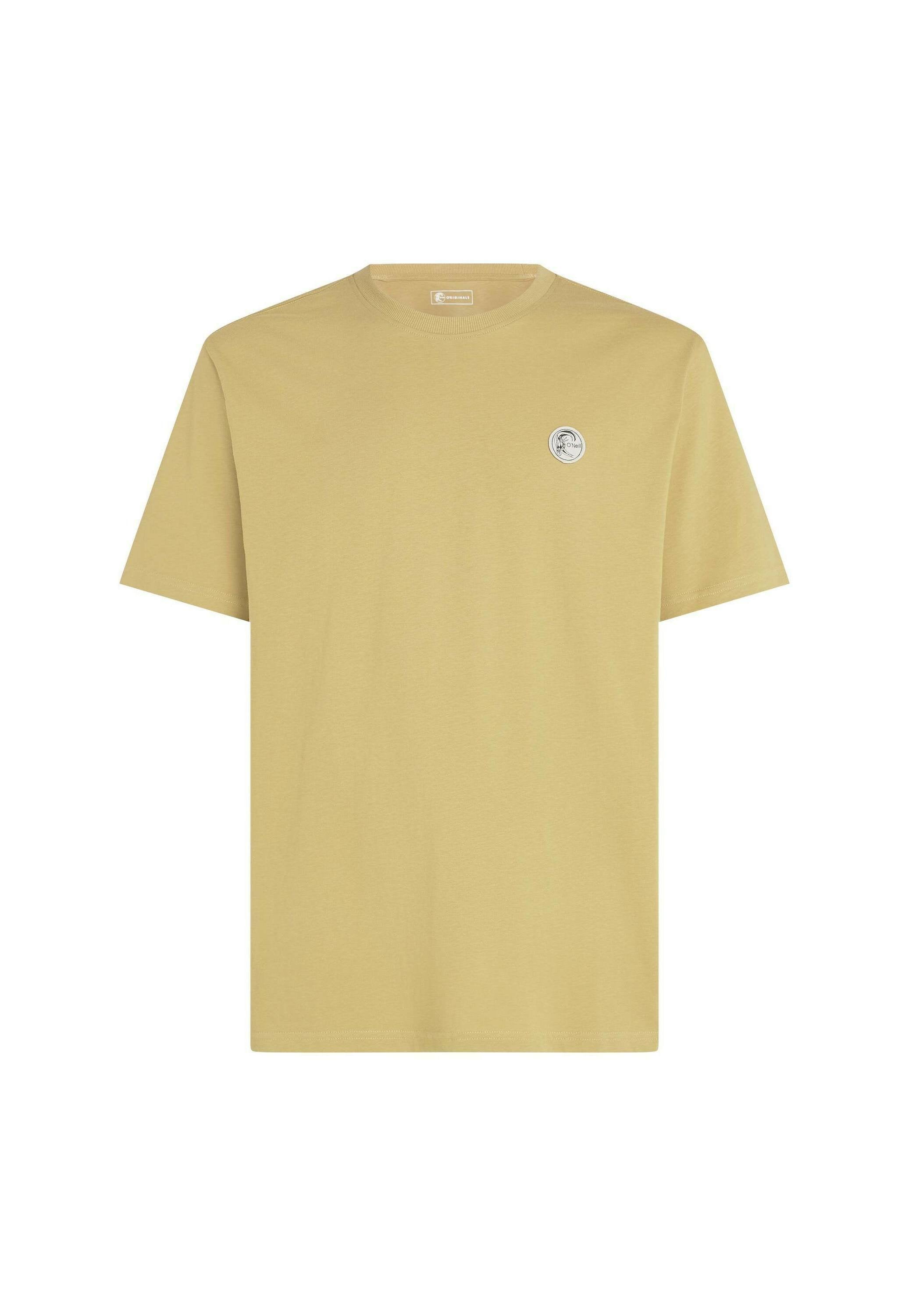 Kurzärmeliges T-Shirt mit Rundhalsausschnitt aus weicher, heller senfgelber Baumwolle, mit kleinem rundem Logo-Patch auf der linken Brust.