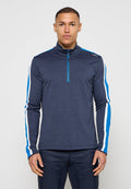 Marineblauer Pullover mit Viertelreißverschluss und langen Ärmeln, mit türkisfarbenen und weißen Streifen entlang der Arme; aus einem glatten, elastischen Stoff gefertigt.