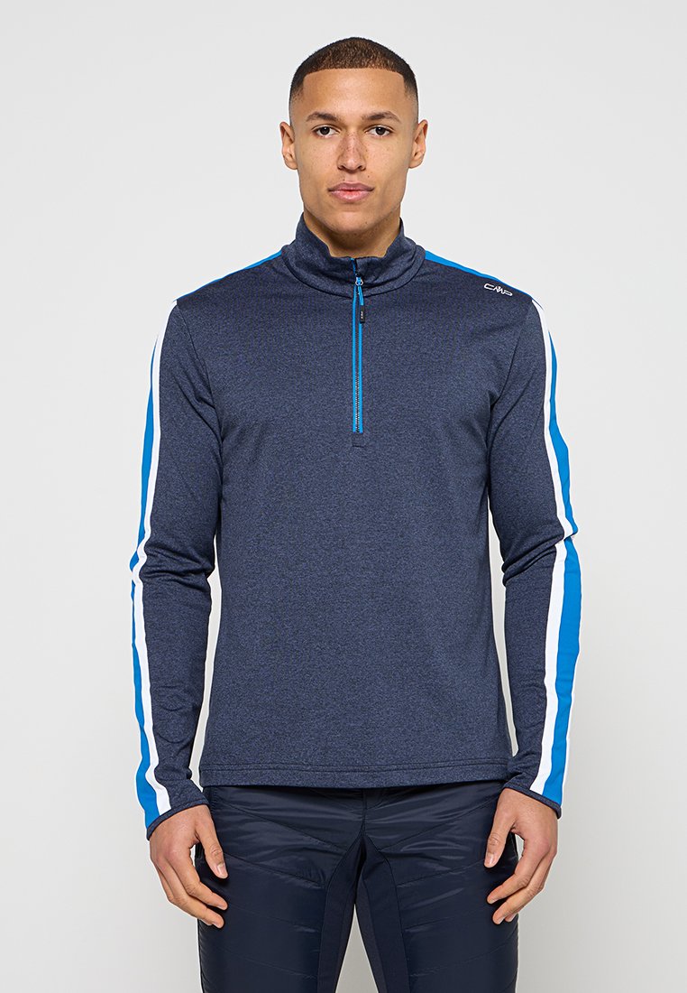 Marineblauer Pullover mit Viertelreißverschluss und langen Ärmeln, mit türkisfarbenen und weißen Streifen entlang der Arme; aus einem glatten, elastischen Stoff gefertigt.