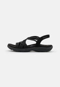 Schwarze Sandalen mit einer flexiblen Gummisohle, ausgestattet mit überkreuzten Riemen und einem bequemen Rückenriemen für Unterstützung. Mattes Finish und elegantes Design.