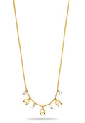 Goldene Kettenhalskette mit fünf Charme-Akzenten, darunter kleine Hufeisenformen und klare Strasssteine, mit einer glatten, polierten Oberfläche.