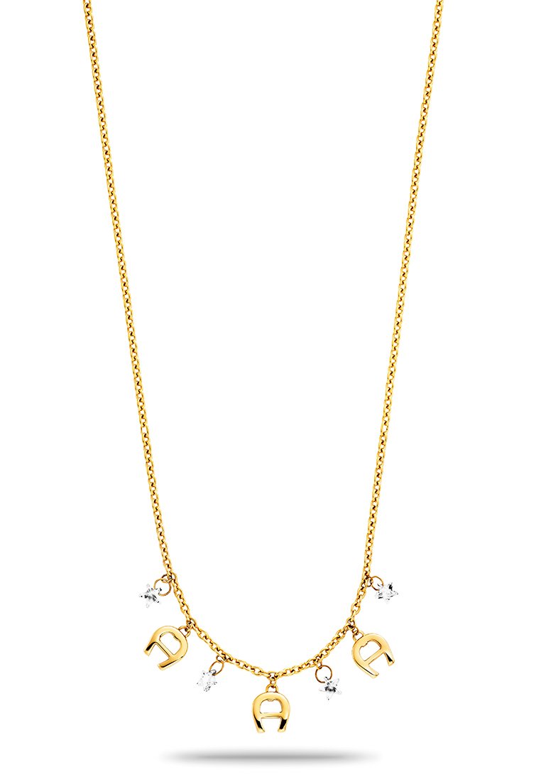 Goldene Kettenhalskette mit fünf Charme-Akzenten, darunter kleine Hufeisenformen und klare Strasssteine, mit einer glatten, polierten Oberfläche.