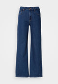 Dunkelblaue, weit geschnittene Jeans mit hohem Bund, fünf Taschen und orangen Nähten. Verfügt über einen Reißverschluss und Gürtelschlaufen.