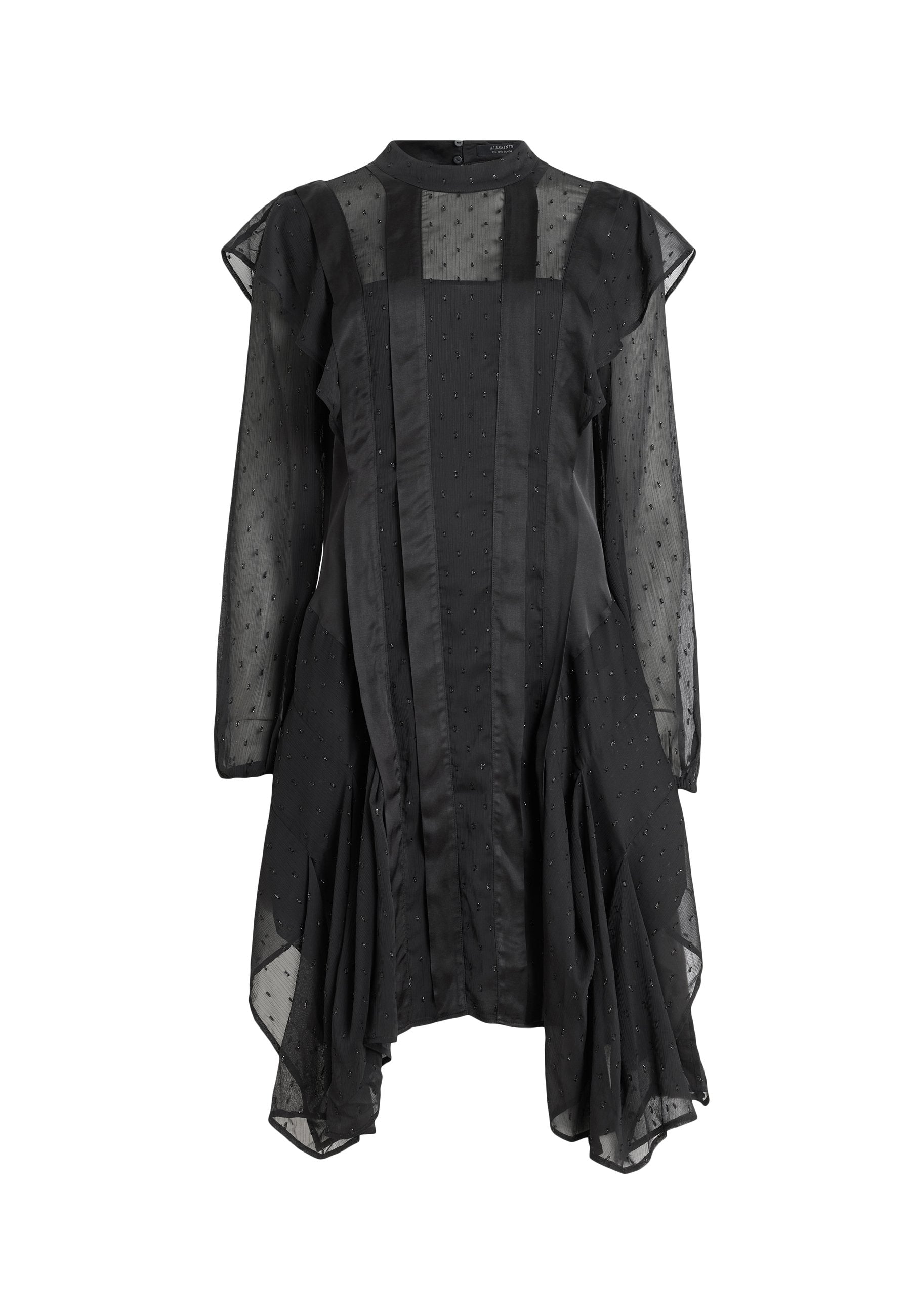 Schwarzes Kleid mit durchsichtigen langen Ärmeln, Polka-Dot-Muster und Rüschendetails. Verfügt über einen hohen Ausschnitt und eine fließende Silhouette.