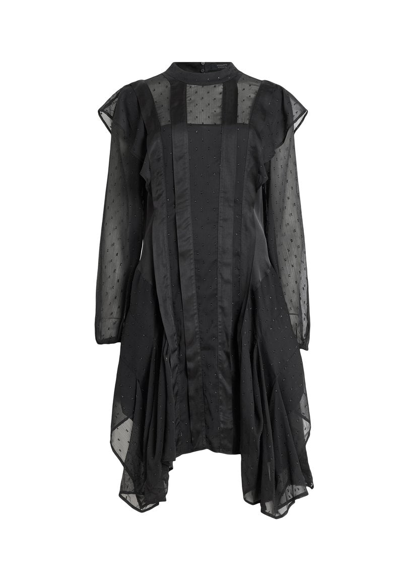 Schwarzes Kleid mit durchsichtigen langen Ärmeln, Polka-Dot-Muster und Rüschendetails. Verfügt über einen hohen Ausschnitt und eine fließende Silhouette.