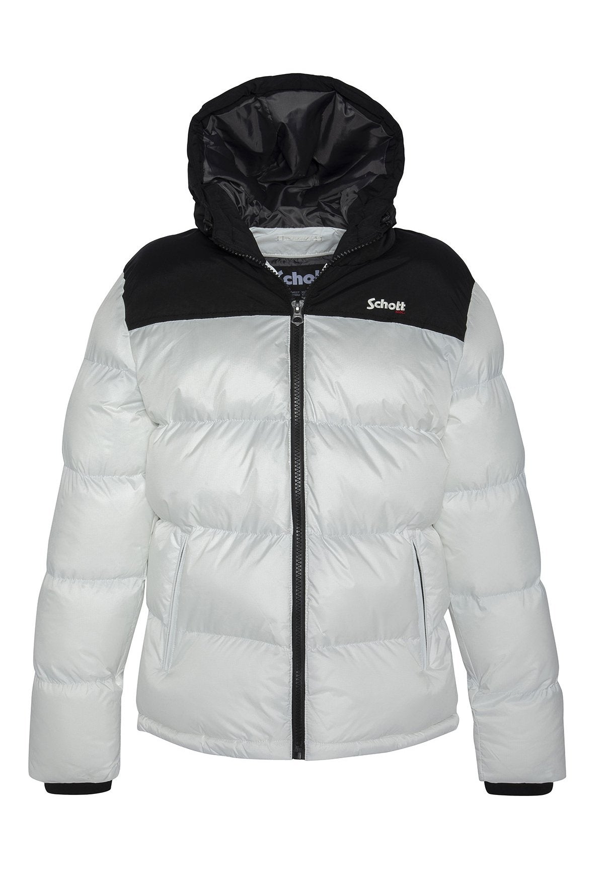 Gepolsterte Pufferjacke in Hellgrau mit schwarzem oberen Abschnitt, ausgestattet mit einem Reißverschluss und Kapuze. Enthält seitliche Taschen und elastische Bündchen.