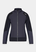 Dunkelgraue und schwarze langärmelige Jacke mit Reißverschluss, strukturiertem Frontpanel, hohem Kragen und CMP-Logo auf der rechten Schulter.