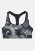 Schwarzer und grauer Sport-BH mit gestreiftem Design, Racerback-Ausschnitt und kleinem weißen Logo auf der Vorderseite. Hergestellt aus einem dehnbaren, glatten Material.
