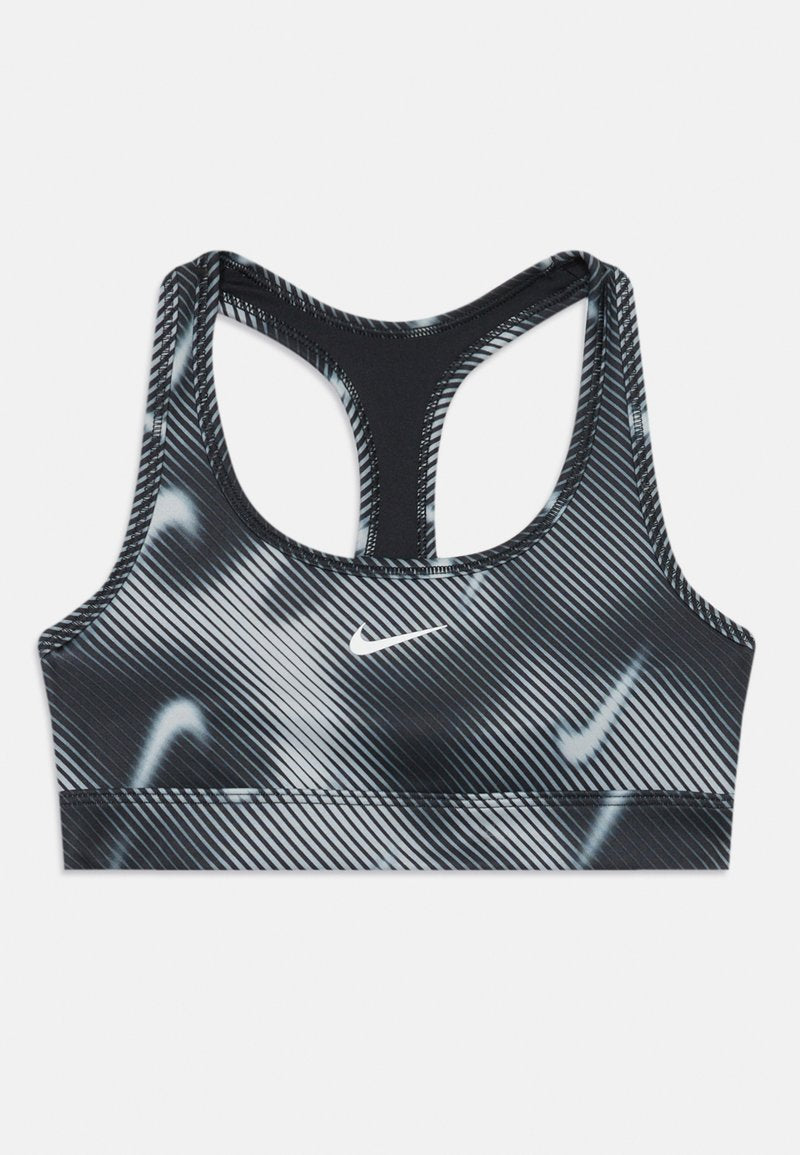 Schwarzer und grauer Sport-BH mit gestreiftem Design, Racerback-Ausschnitt und kleinem weißen Logo auf der Vorderseite. Hergestellt aus einem dehnbaren, glatten Material.