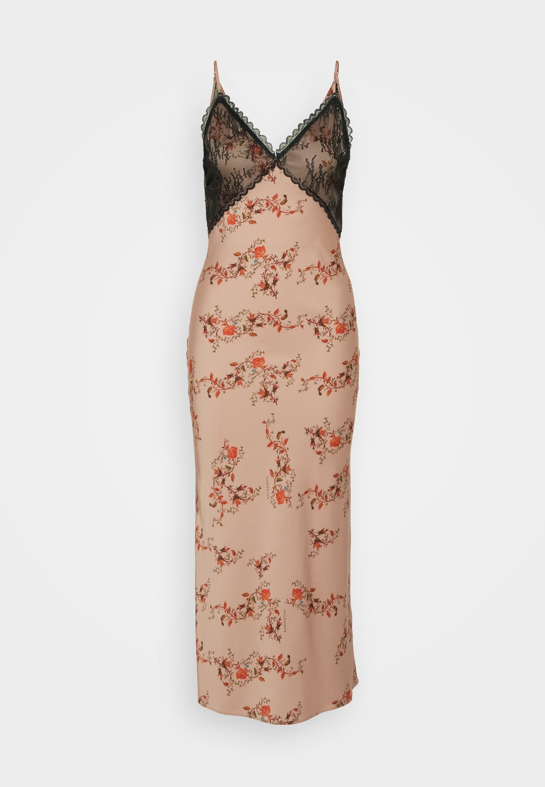 Satin-Nachtkleid mit einem nudefarbenen Grund und schwarzem Spitzenbesatz. Präsentiert florale Muster in Rot- und Grüntönen und hat verstellbare Spaghettiträger.