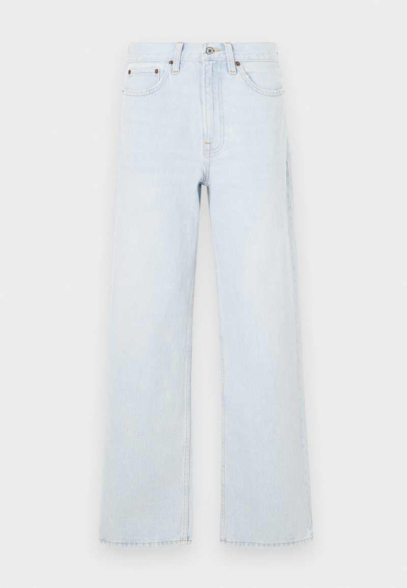 Helle blaue Jeans mit weiter Beinform, ausgestattet mit einem Knopfverschluss, fünf Taschen und dezenten Stickdetails.