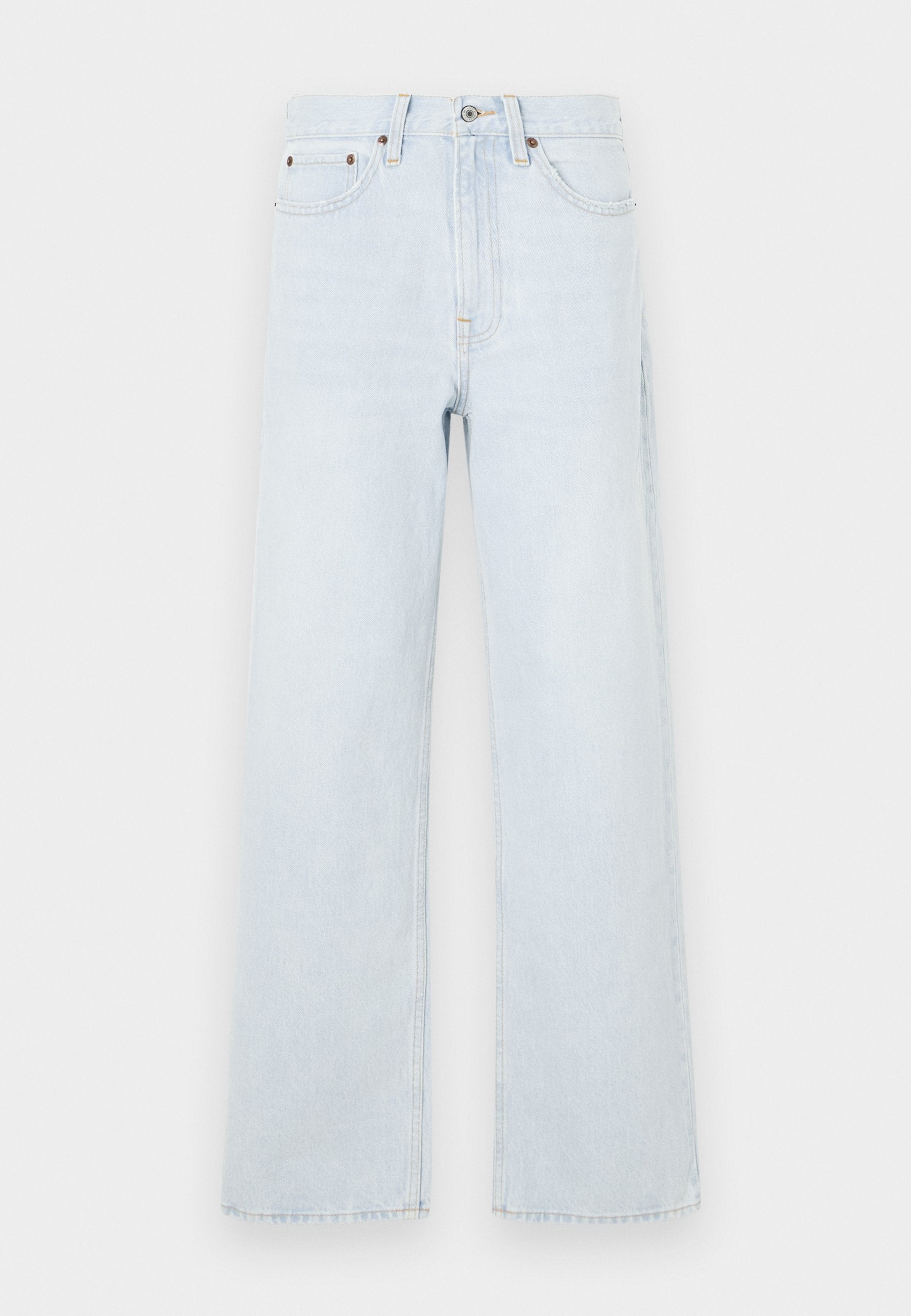 Helle blaue Jeans mit weiter Beinform, ausgestattet mit einem Knopfverschluss, fünf Taschen und dezenten Stickdetails.