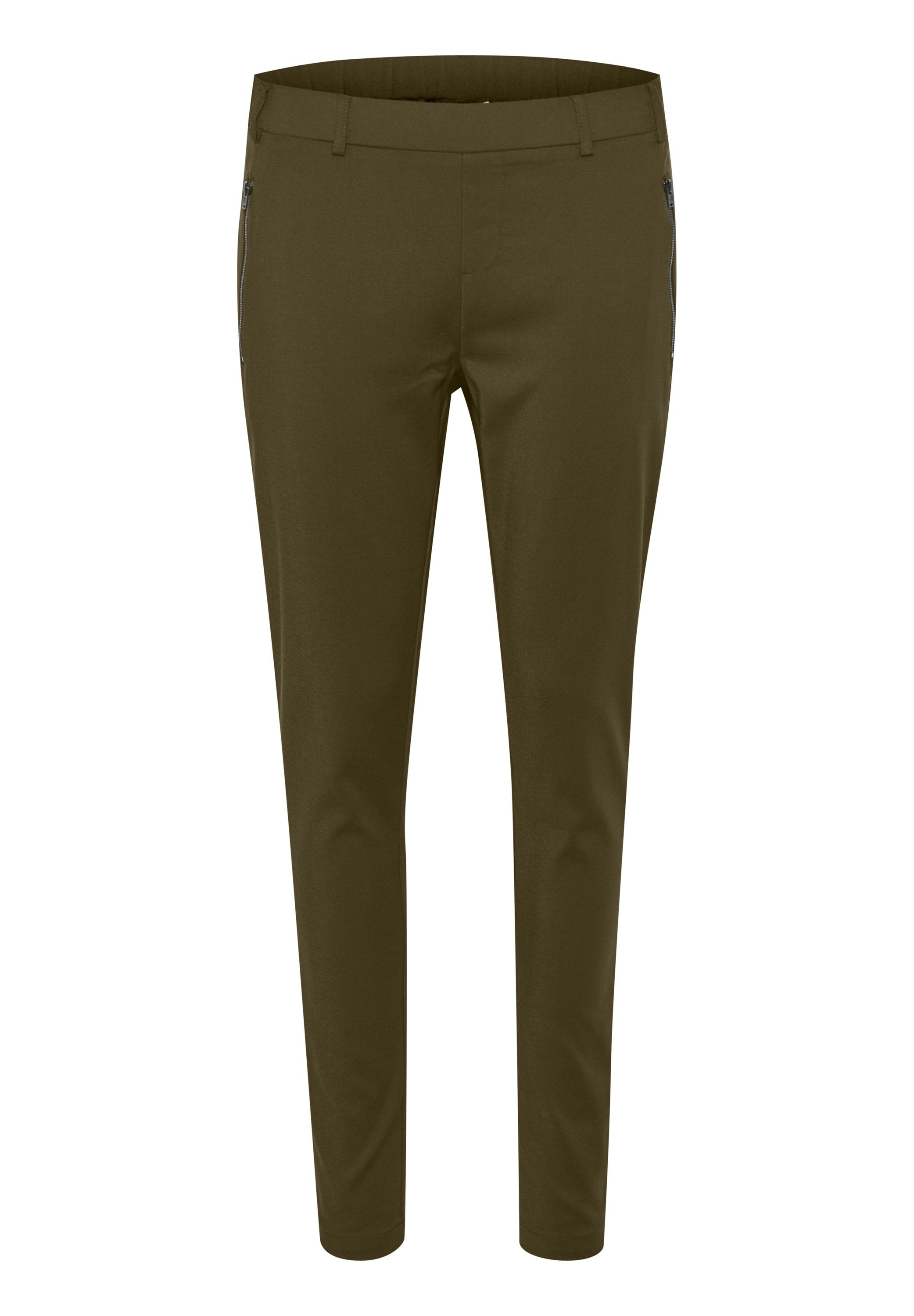 Schlanke, olivgrüne Hose mit Reißverschlusstaschen vorne und Gürtelschlaufen, entworfen für einen eleganten, modernen Look.