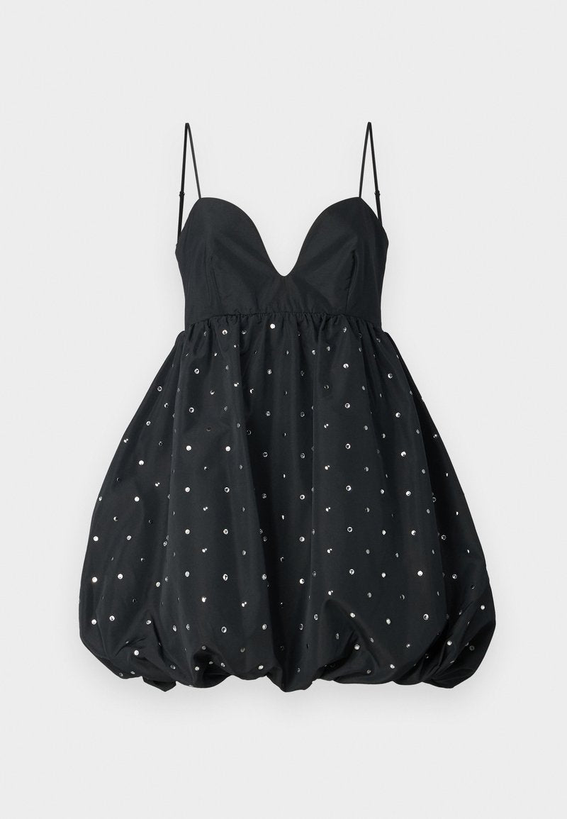 Schwarzes Kleid mit tiefem Ausschnitt, dünnen Trägern und einem Bustierrock. Verziert mit metallischen Pailletten, die gleichmäßig auf dem Stoff verteilt sind.