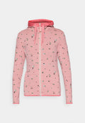 Rosa Sweatjacke mit Reißverschluss aus strukturiertem Stoff, verziert mit einem floralen Muster in Grün, Blau und Schwarz. Sie verfügt über eine Kapuze mit Kordelzug und kontrastierenden Besätzen.