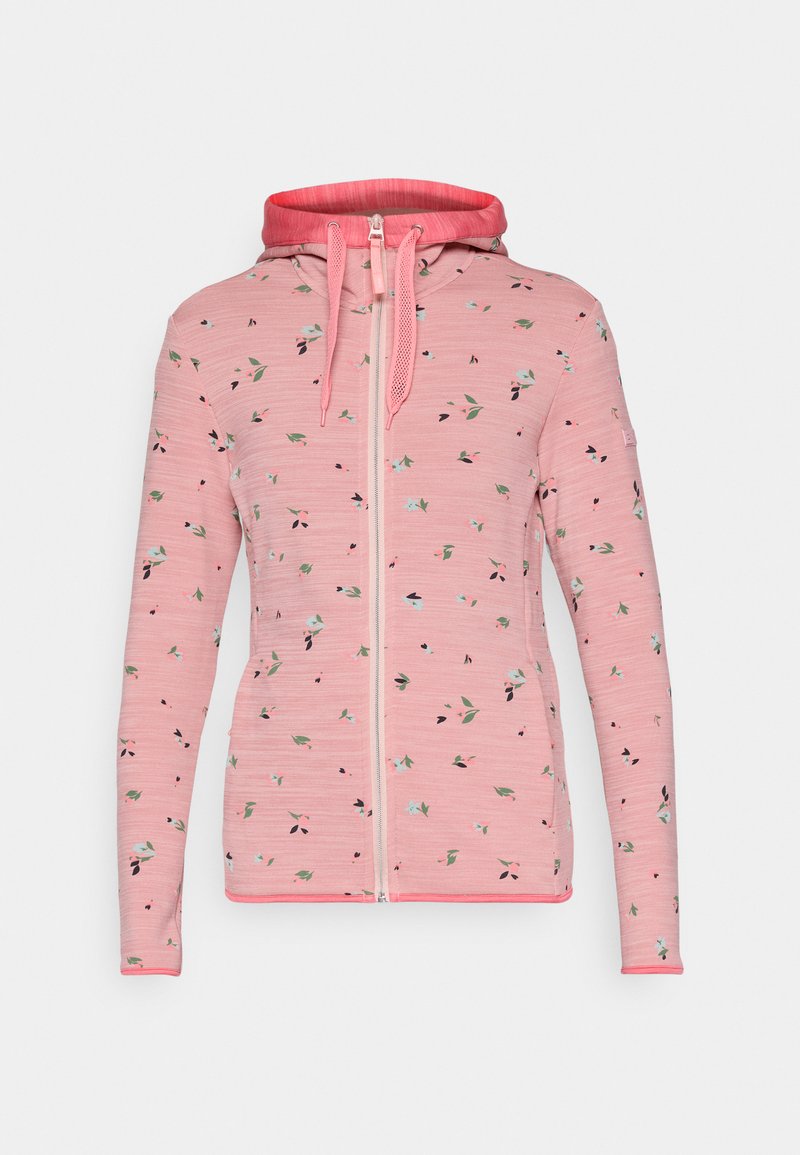 Rosa Sweatjacke mit Reißverschluss aus strukturiertem Stoff, verziert mit einem floralen Muster in Grün, Blau und Schwarz. Sie verfügt über eine Kapuze mit Kordelzug und kontrastierenden Besätzen.