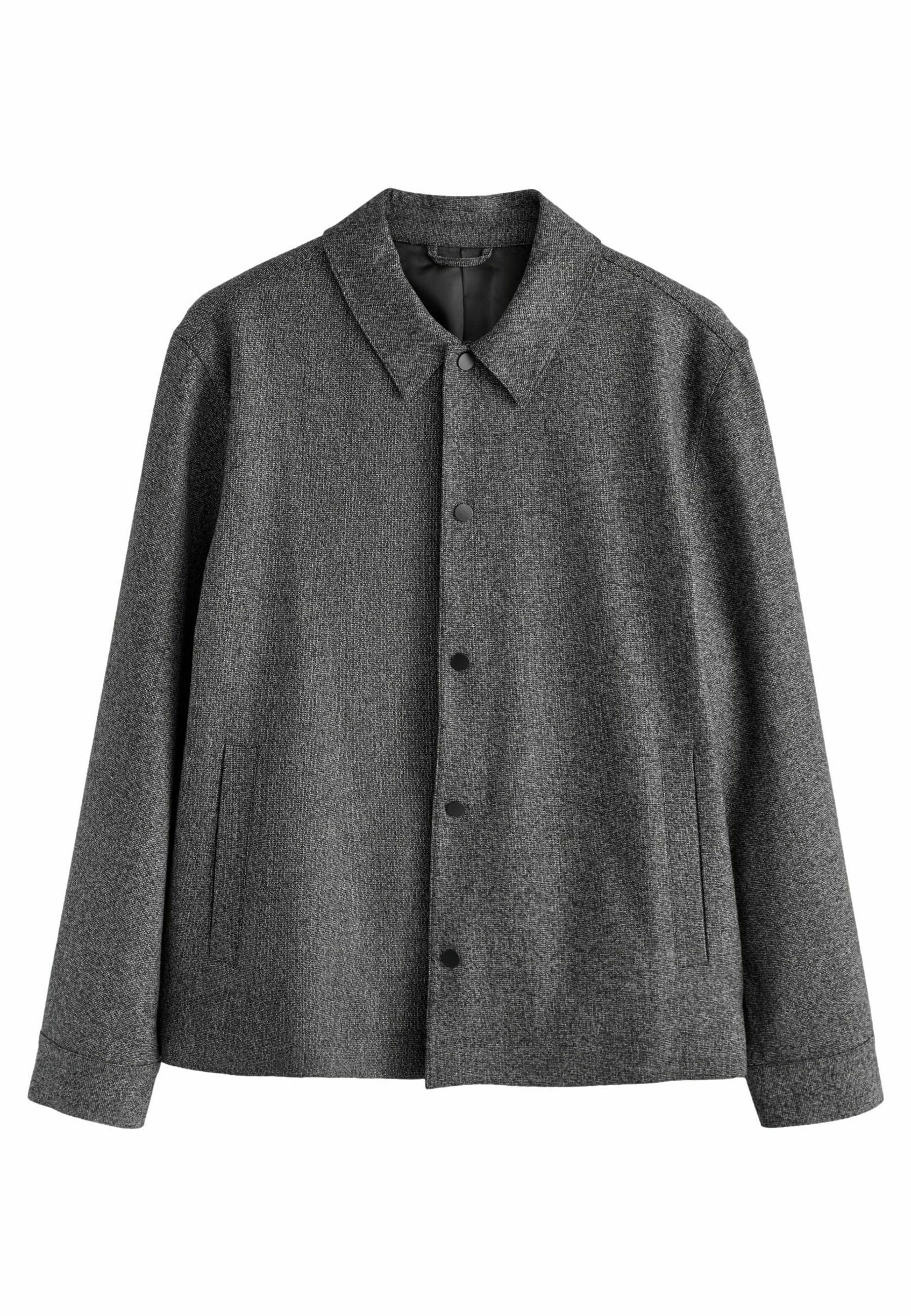 Grau strukturierte Jacke aus einem Wollgemisch mit Kragen, Druckknöpfen, Seitentaschen und langen Ärmeln, in gerader Form.